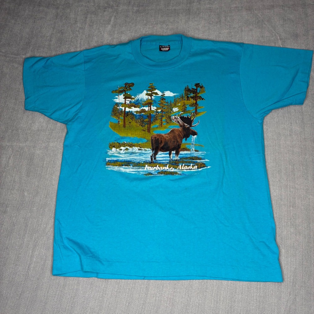 Vintage Screen Stars Best Fairbanks Alaska Moose T Shirt XL Turquoise Blue USA